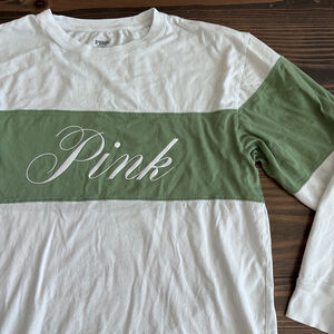 PINK Victoria Secret Long Sleeve Tee Womens M White Green Logo Casual Top